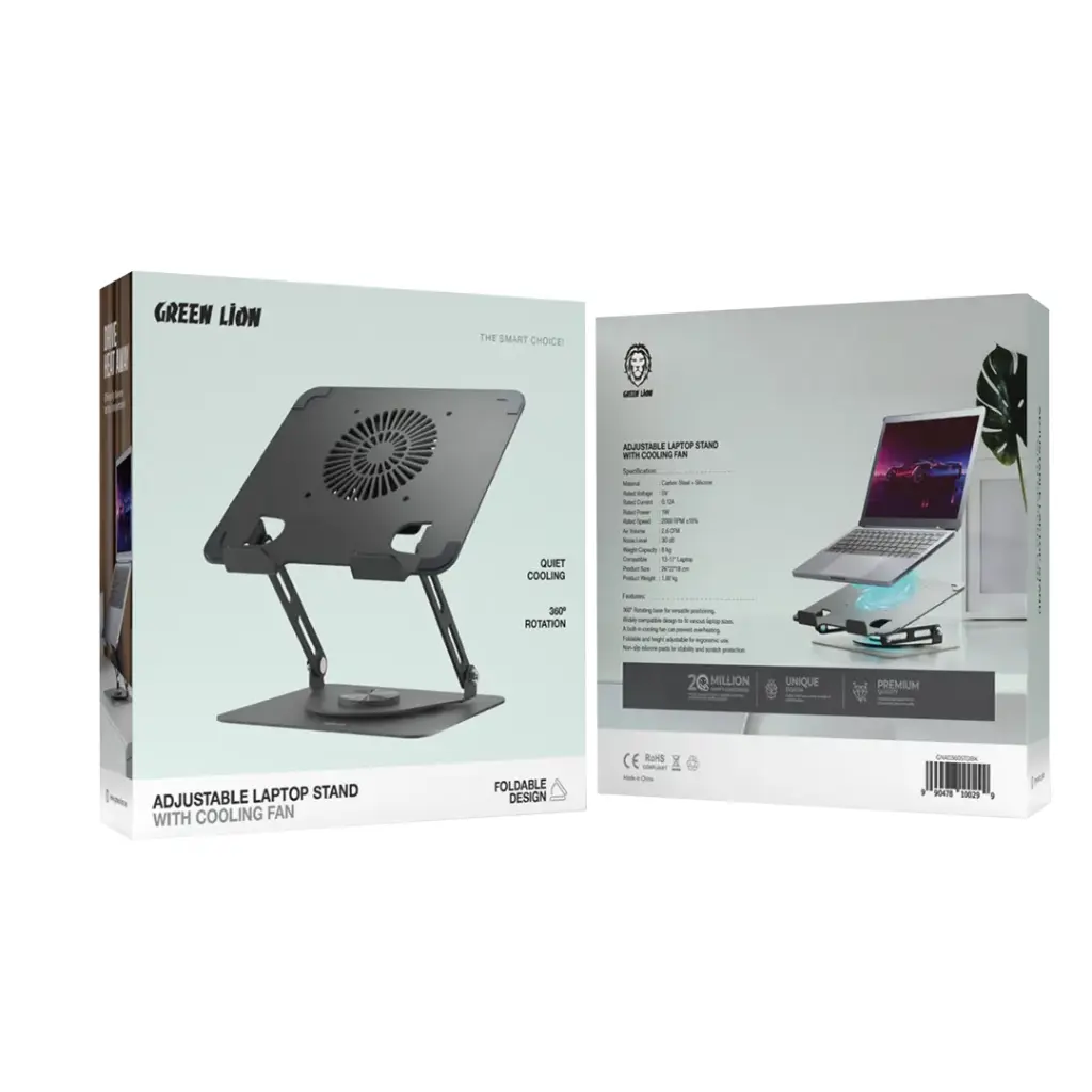 Green Lion Adjustable Laptop Stand with Cooling Fan - Black