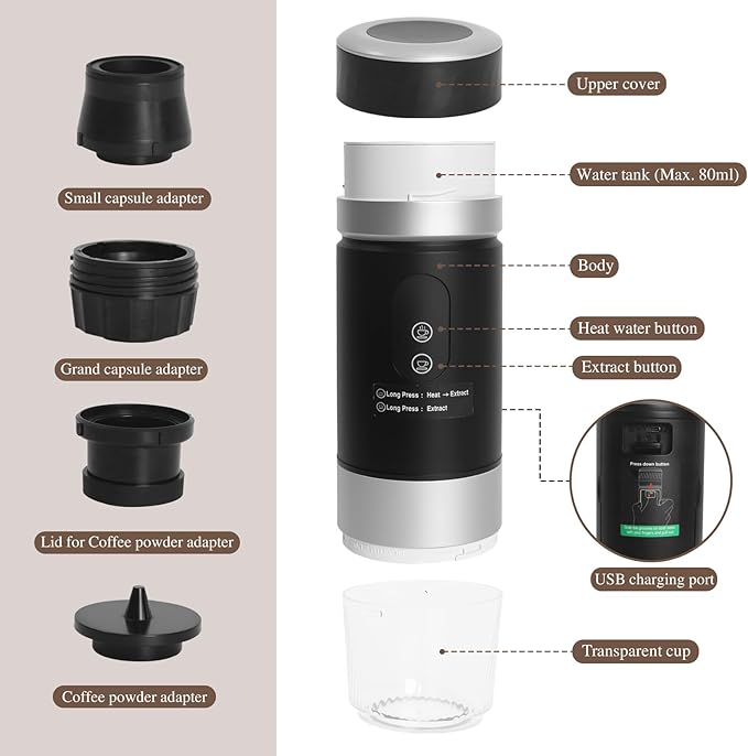Portable 3 in 1 80ml Rechargeable Espresso Coffee Maker - Black 02