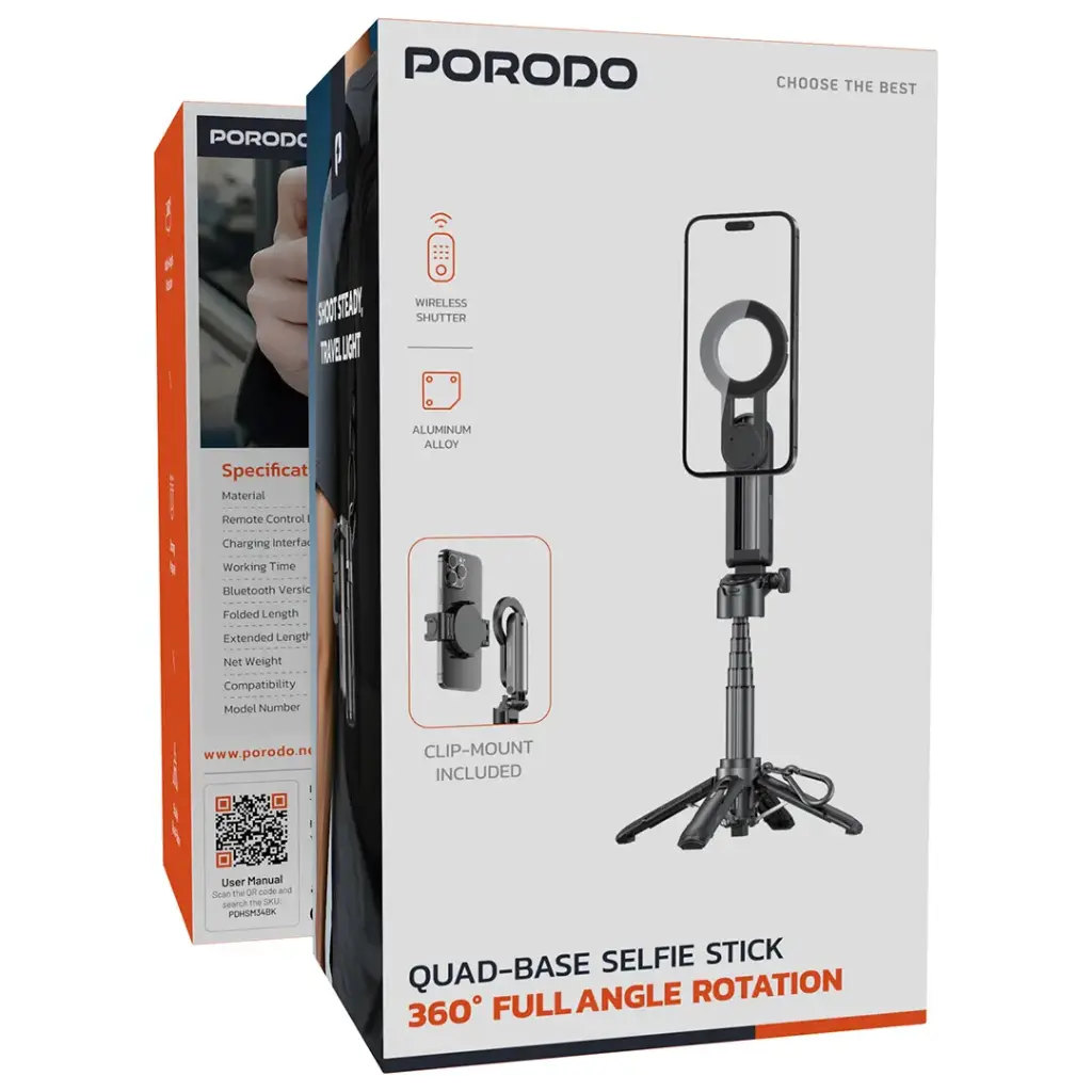 Porodo Quad-Base Selfie Stick with 360° Full Angle Rotation - Black5