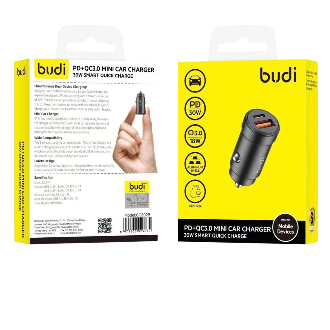 Budi Mini Car Charger (30W PD & QC 3.0) - Smart Quick Charge - Black 03